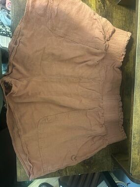 High-Waist Elastic Linen-Blend Shorts in orange Automet women’s size large